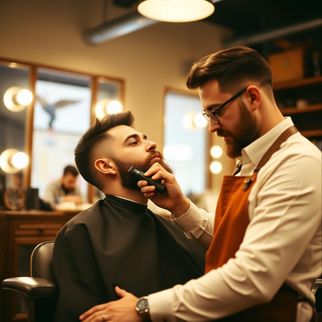 Barberare som trimmar skägg på kund